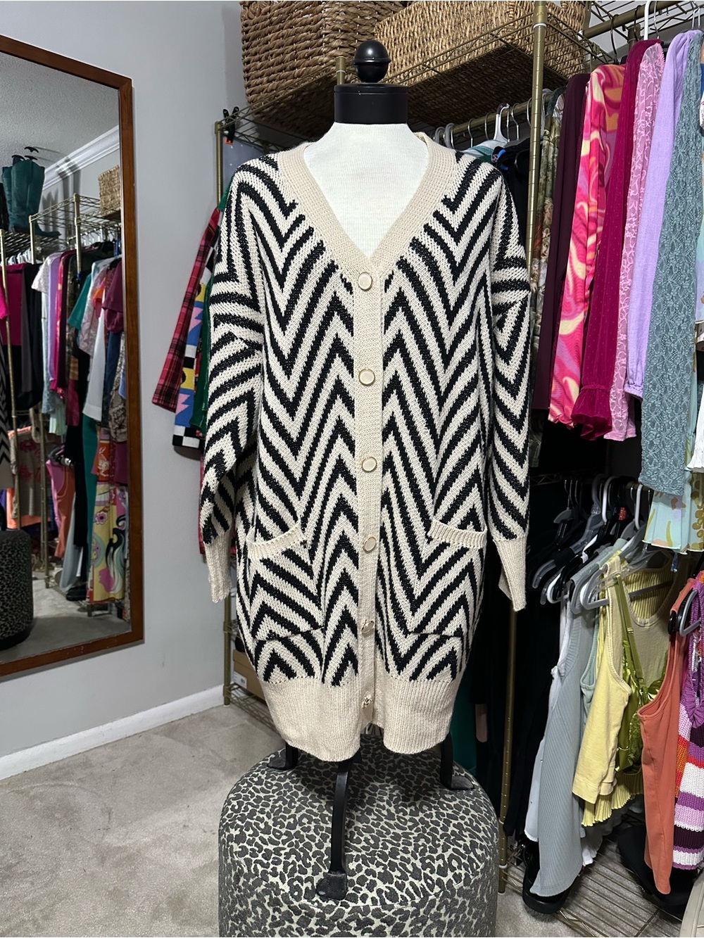 Nine West Beige Floral, Black Leopard & Cream Chevron Knit Cardigans - Picture 3 of 12